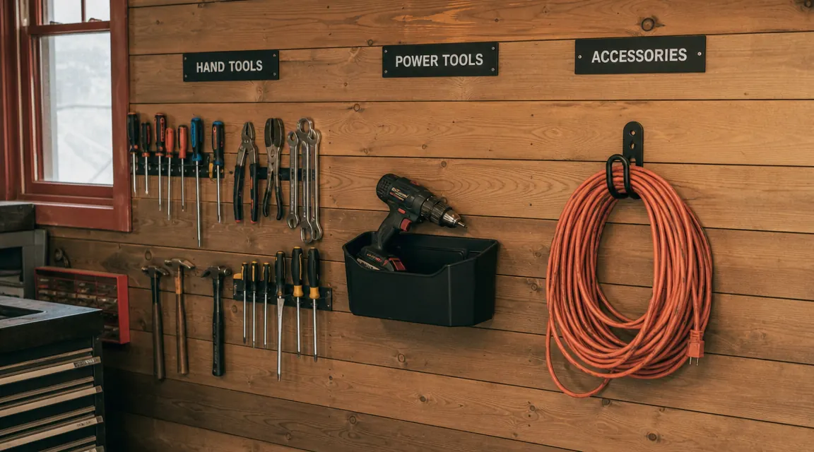 Garage pegboard with labeled zones for hand tools, power tools, and cords neatly organized