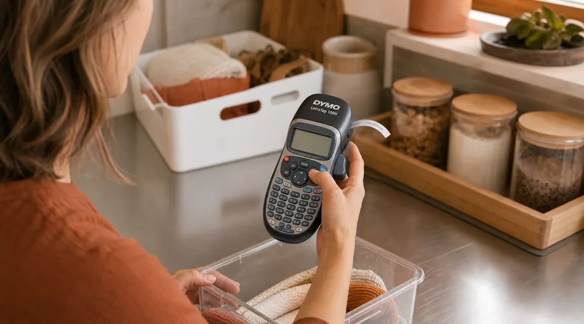 Hand holding DYMO LetraTag 100H label maker while printing a label for a storage bin