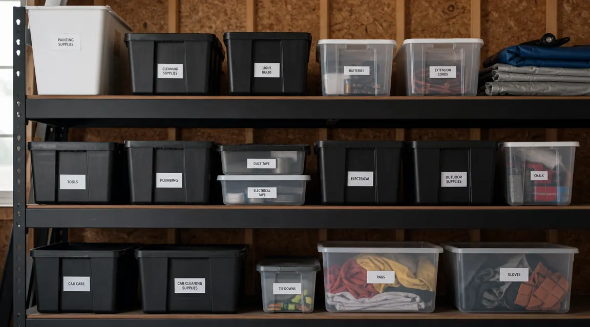 Garage wall shelf with labeled bins for screws, batteries, extension cords, and seasonal items