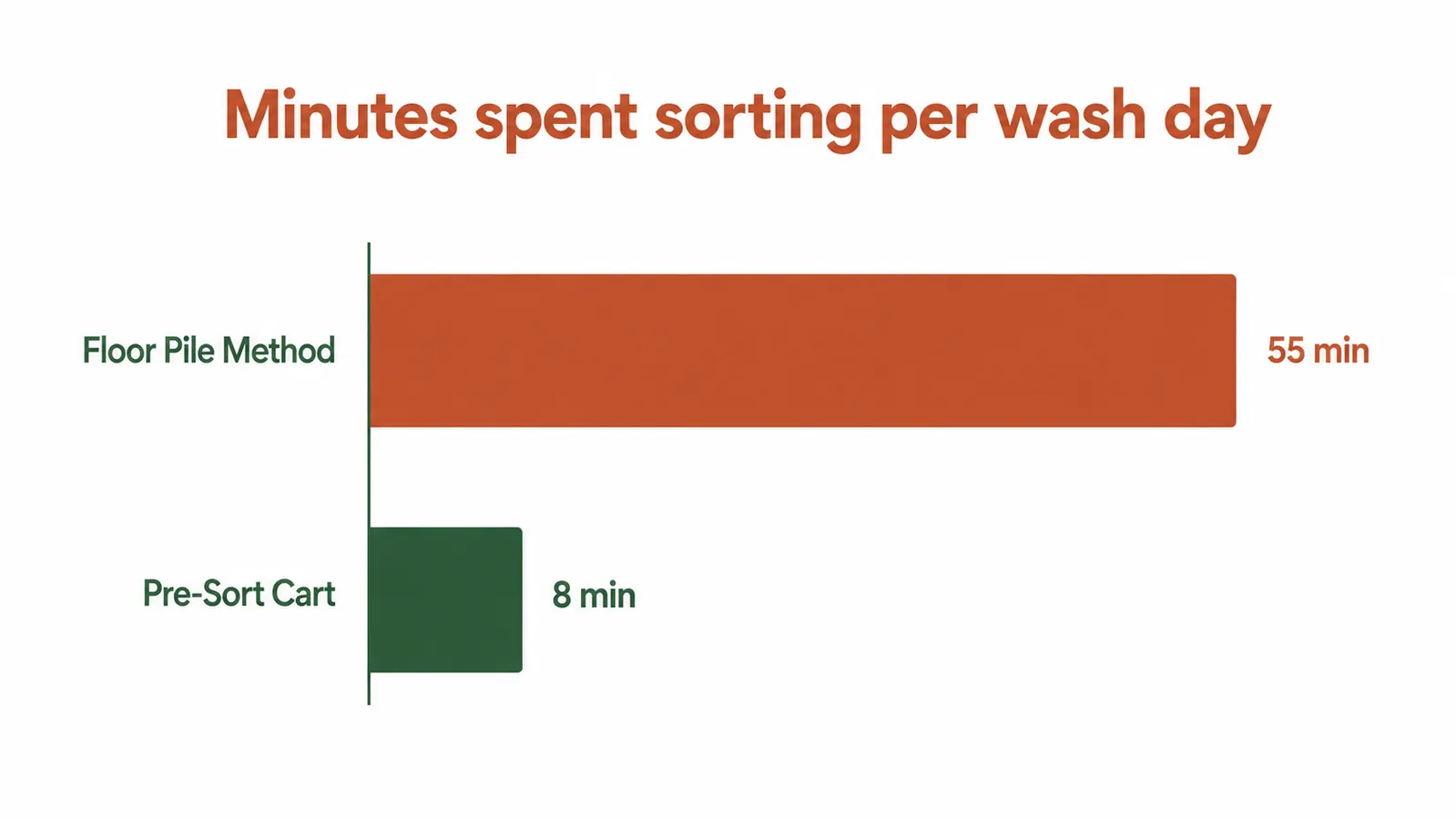 Comparison chart showing time spent sorting laundry with a floor pile versus a pre-sorted cart system