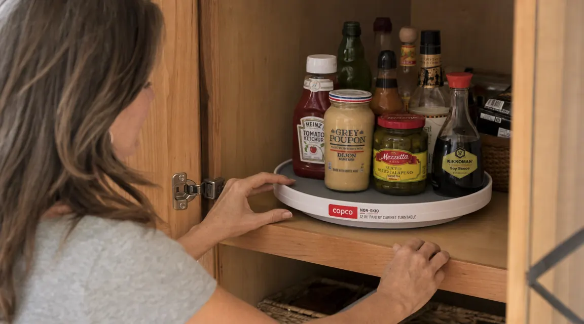 Hand spinning a white Copco lazy susan turntable on a cabinet shelf, bringing spice bottles into reach