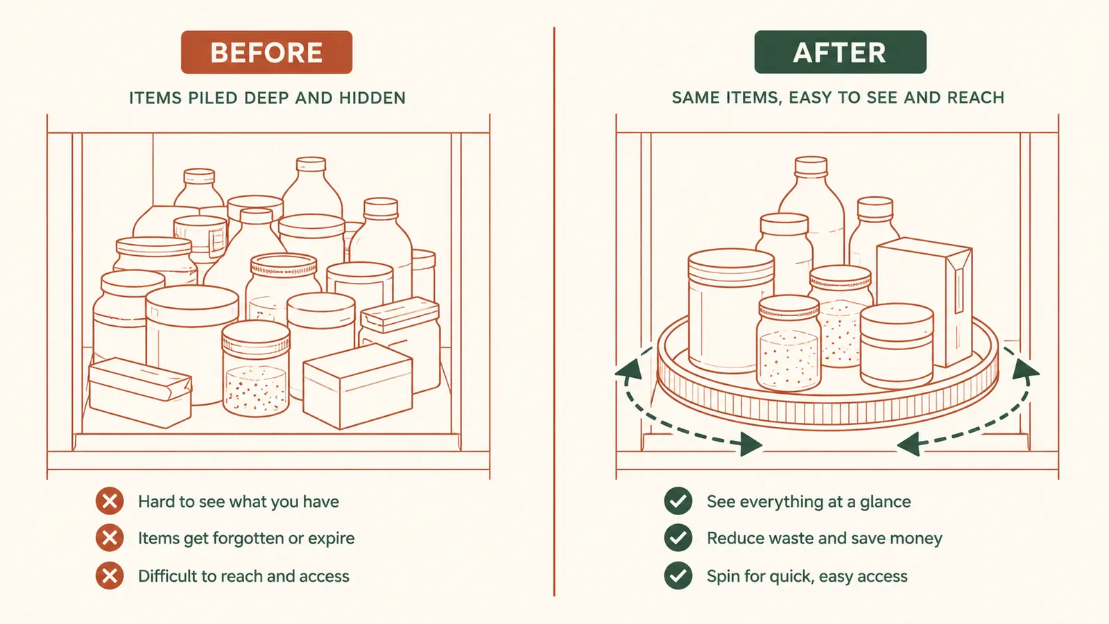 Deep corner cabinet before and after: left side cluttered with items piled behind each other, right side with a lazy susan making everything accessible