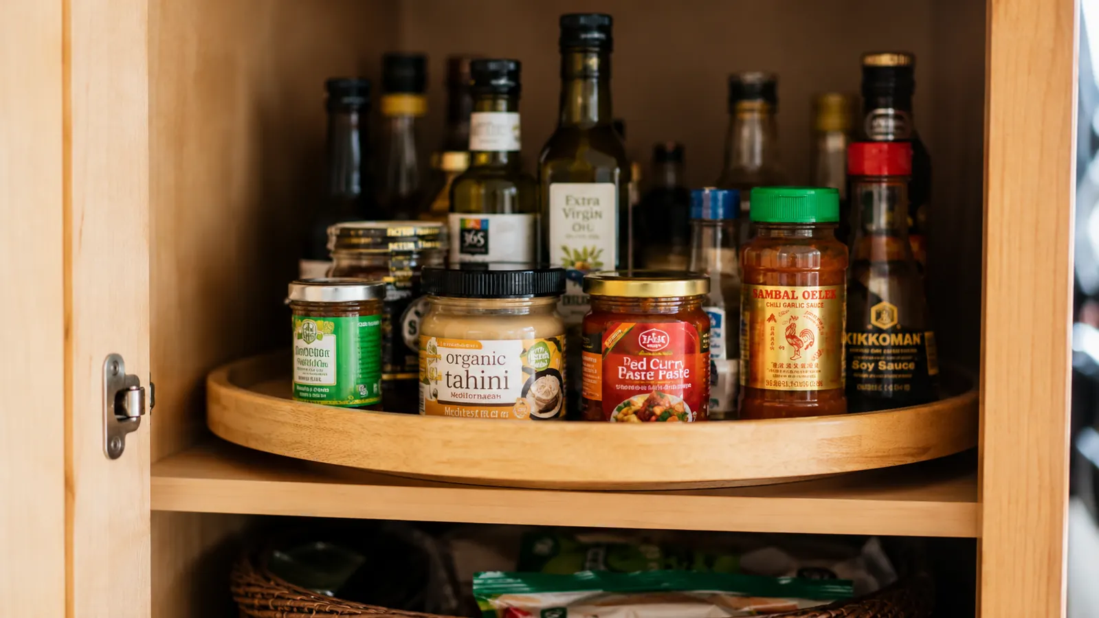 Pantry cabinet shelf with a lazy susan organizing condiments, oils, and spice jars by category in a tidy home kitchen