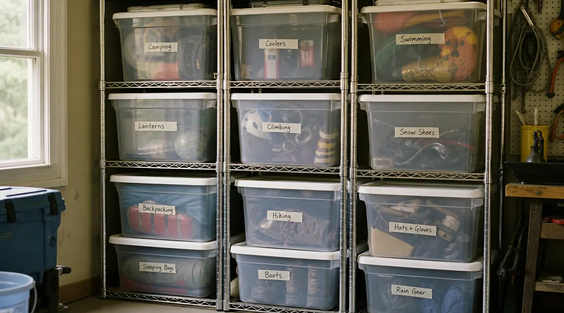 Labeled clear bins stacked three high on a garage shelf next to a wall-mounted pegboard