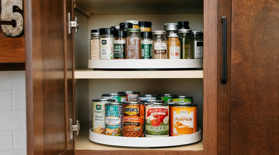 Organized pantry with two lazy susan turntables on separate shelves, one holding spices and one holding canned goods
