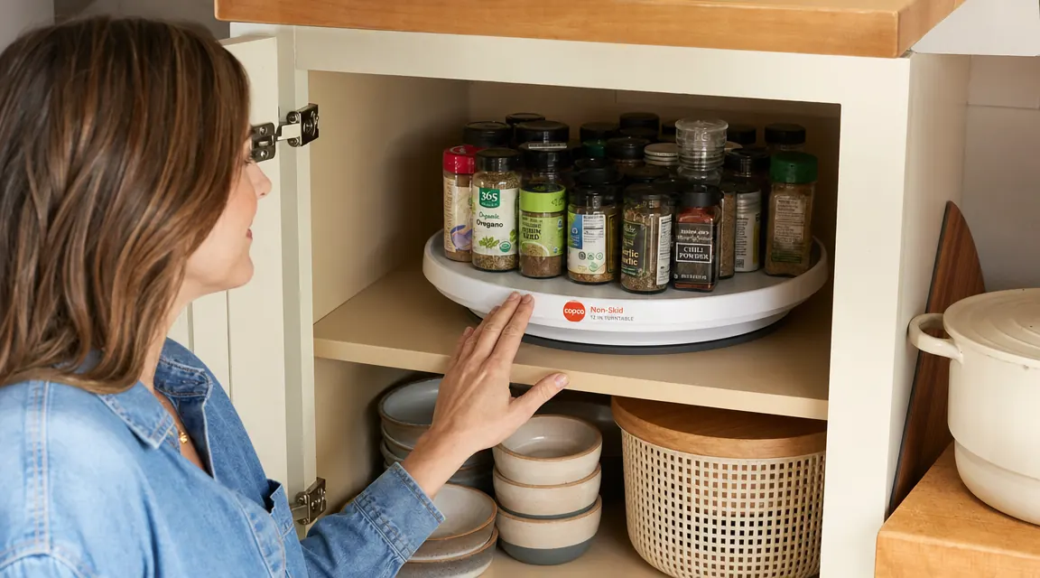 Hand spinning a Copco lazy susan turntable loaded with spice bottles on a white cabinet shelf