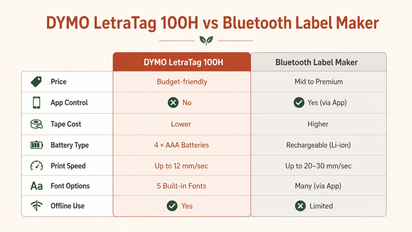 Side-by-side comparison chart: DYMO LetraTag 100H features versus a Bluetooth app-connected label maker