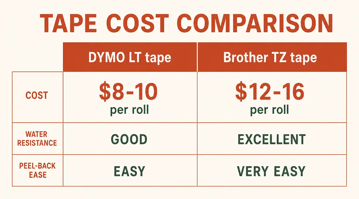 Side-by-side comparison chart of DYMO LetraTag tape versus Brother TZ laminated tape showing cost per roll and durability rating