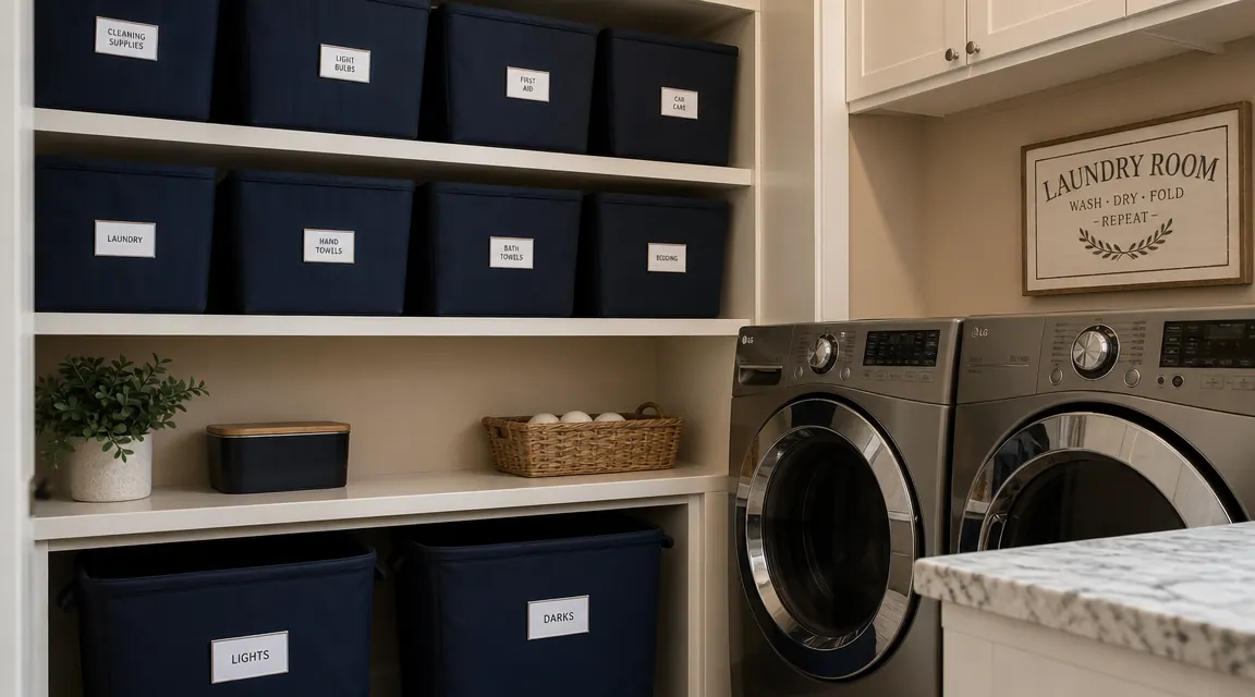 Labeled storage bins on a laundry room shelf showing tidy white DYMO labels on dark bins