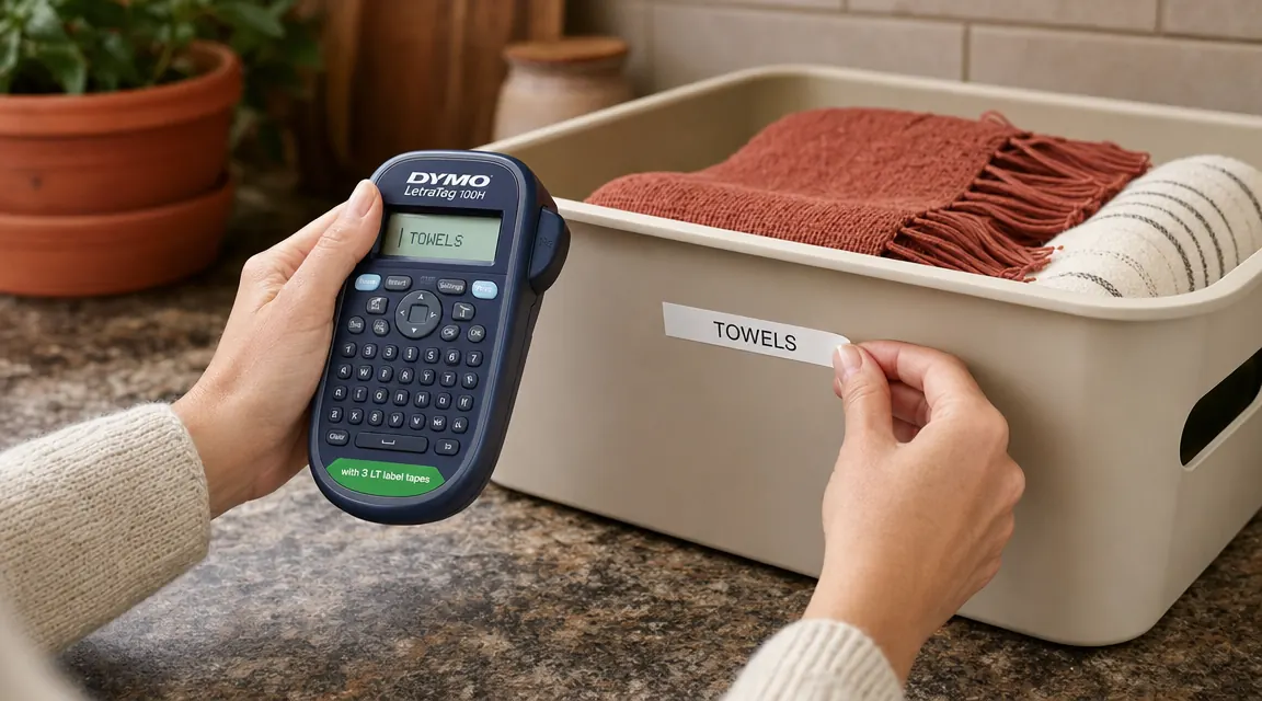 Hands using a DYMO LetraTag handheld label maker to print a label over a storage bin