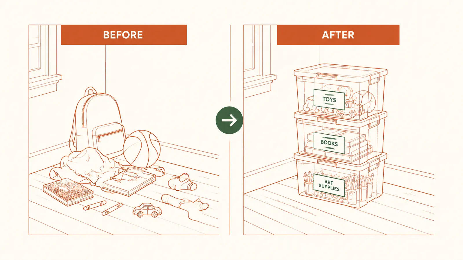 Before and after split: a cluttered corner versus the same corner with neatly stacked labeled bins