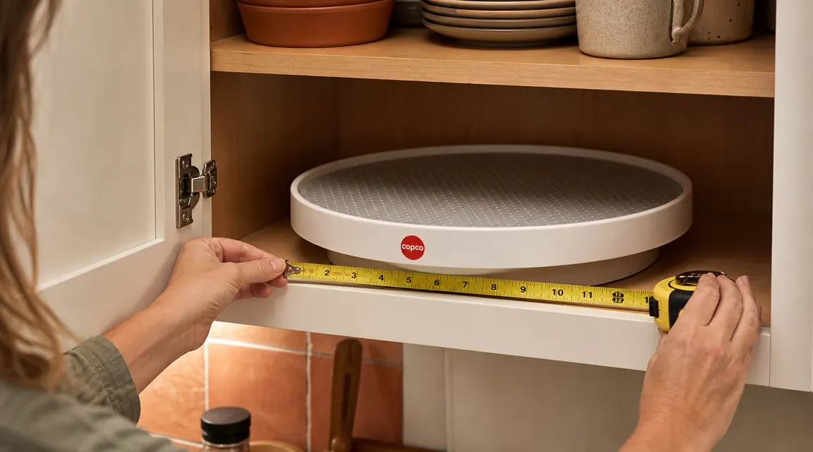 Hands measuring the interior width of a kitchen cabinet shelf with a yellow tape measure