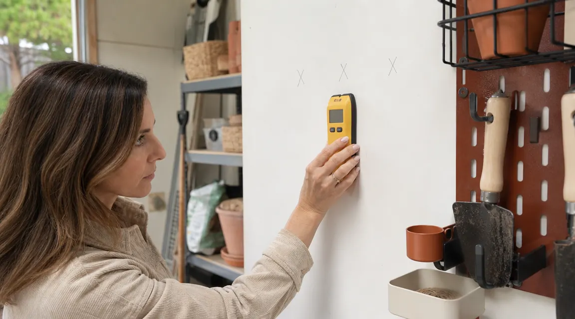 Person pressing a stud finder against a drywall garage wall with pencil marks visible at stud locations