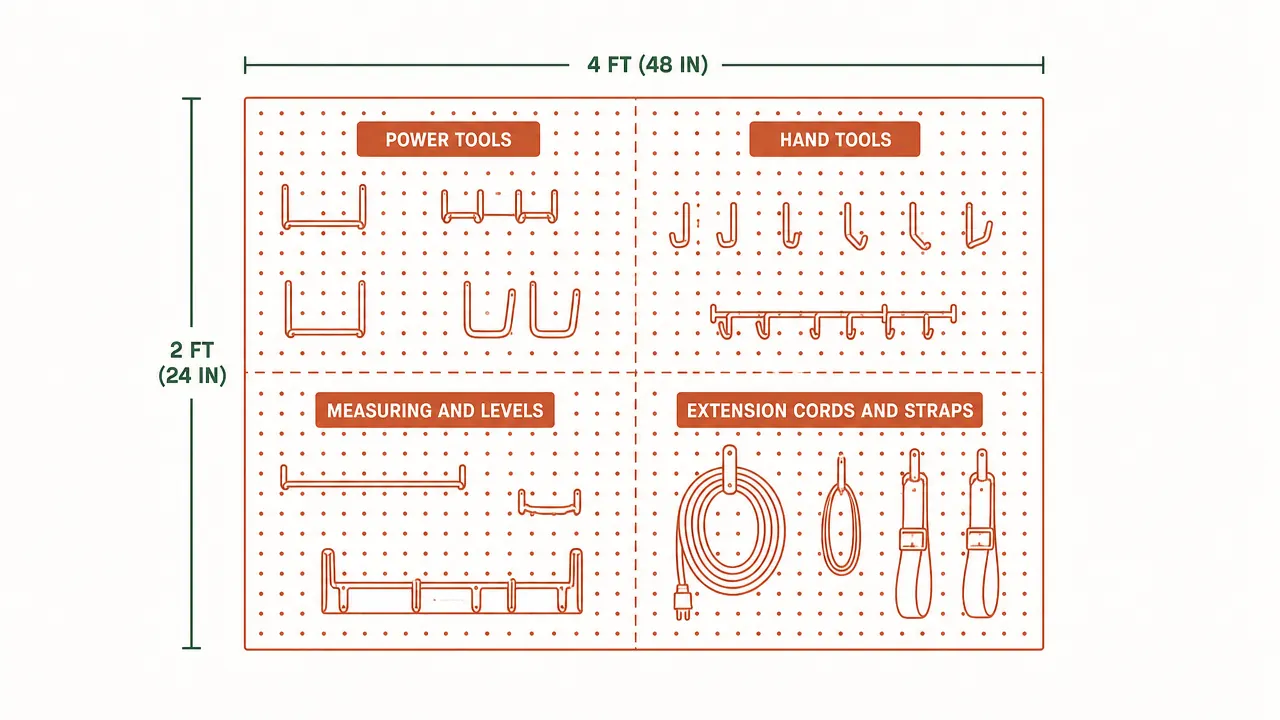 Diagram showing pegboard hook layout with labeled zones for power tools, hand tools, measuring tools, and cords