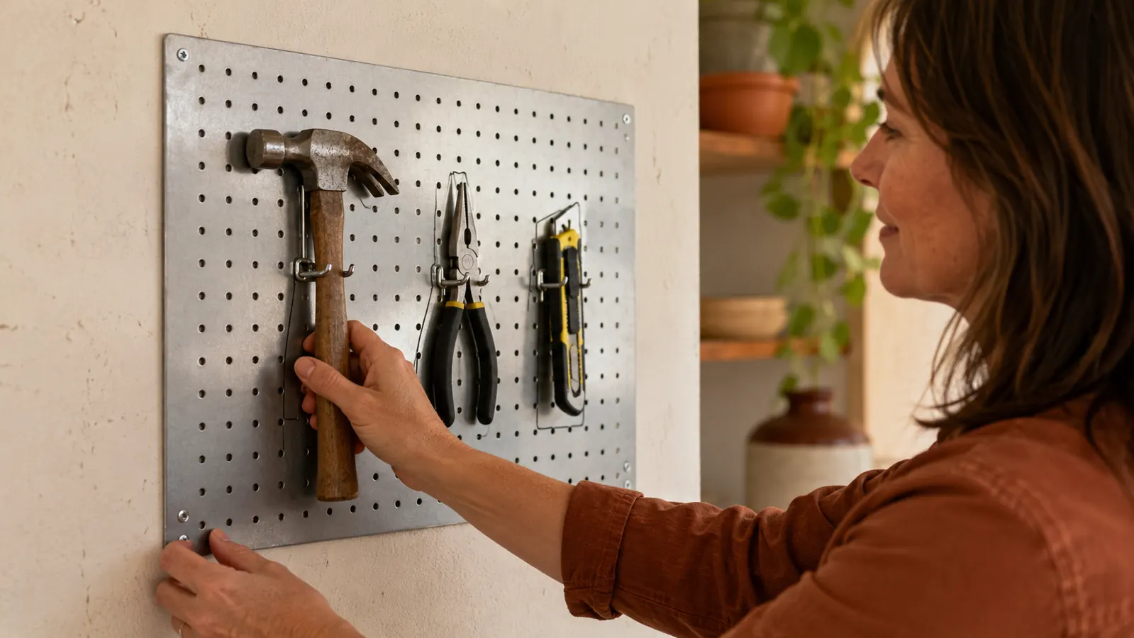 Close-up of metal pegboard hooks holding a hammer, pliers, and utility knife with each tool silhouette traced on the board in marker