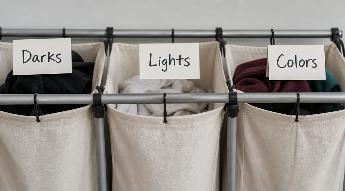 Simple card label tags on three canvas laundry bins reading Darks, Lights, and Colors