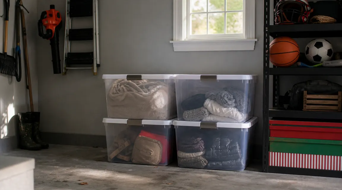 Stack of four clear storage bins in a garage corner beside seasonal sports equipment
