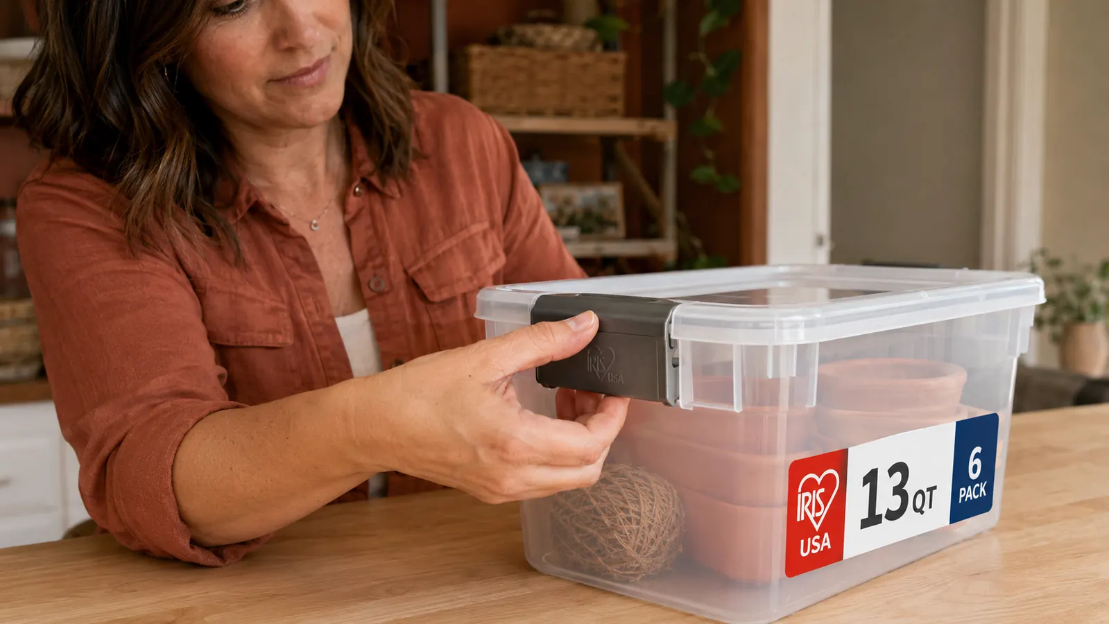 Close-up of side latch on an IRIS USA storage bin being pressed closed with one thumb, bin resting on a countertop