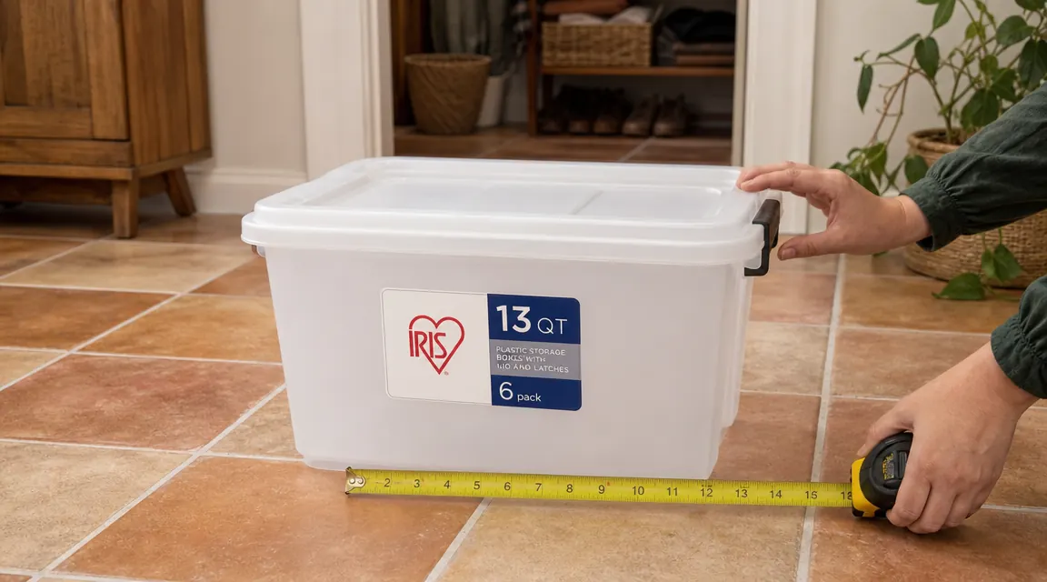Measuring tape laid across the front of an IRIS USA storage bin showing the 14-inch exterior width including latch wings