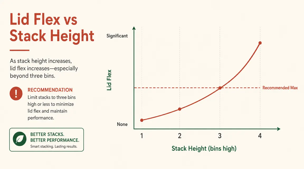 Chart showing how bin lid flex increases as stack height goes from one bin to two to three to four, with a recommended max-stack line at three