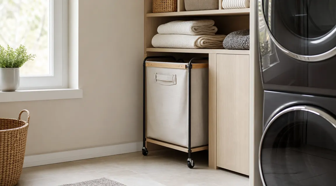 A tidy laundry corner with a rolling sorter, folded towels on a shelf, and a clean floor