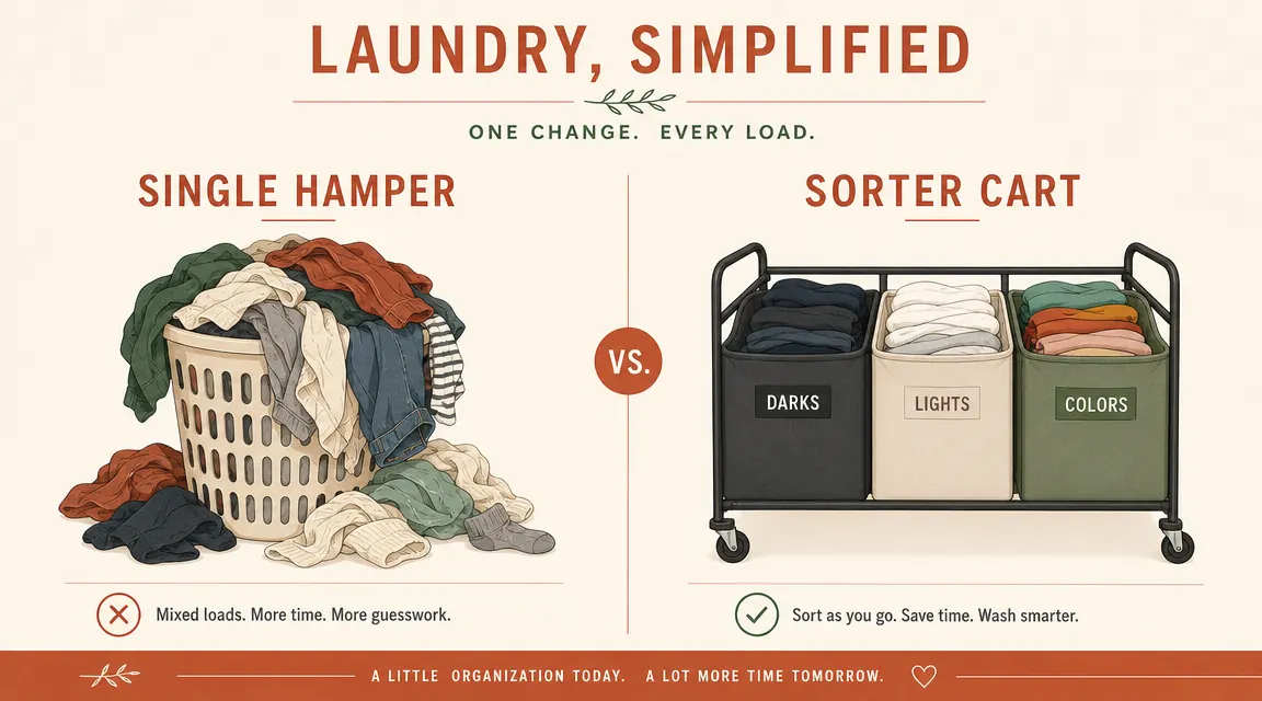 Side-by-side comparison showing an overflowing single laundry hamper on the left and a neatly organized three-section sorter cart on the right