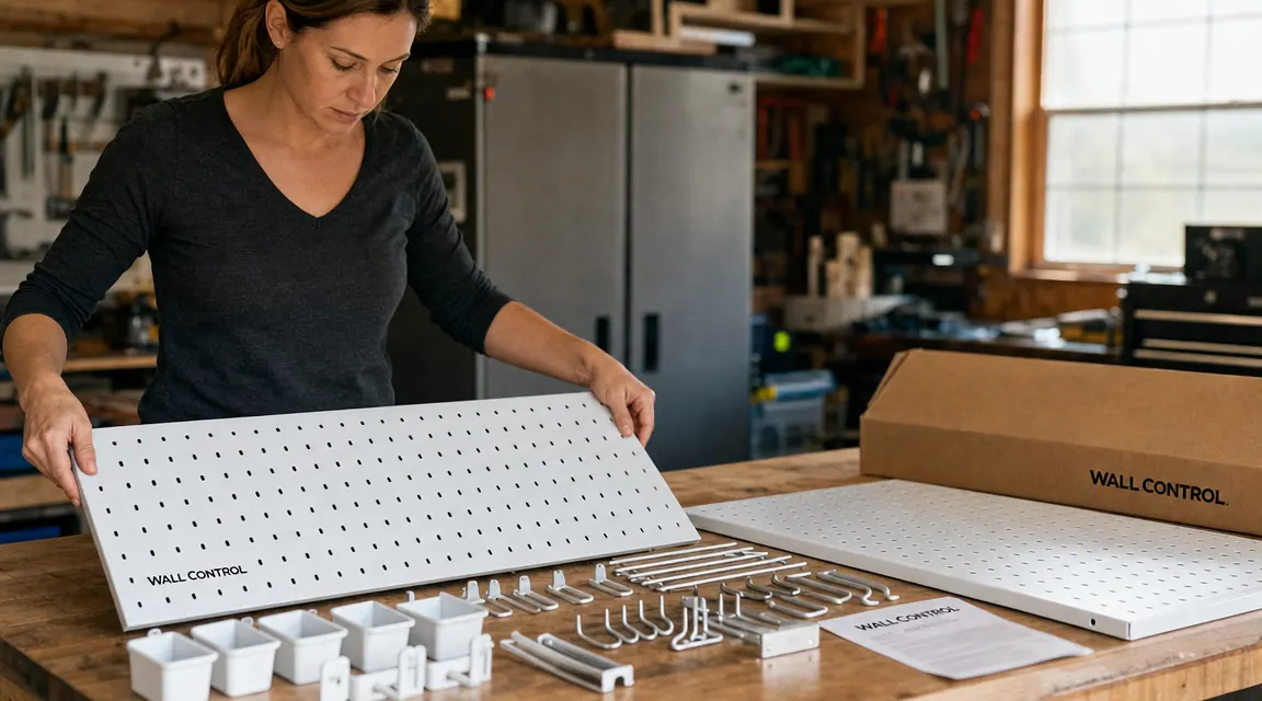 Close-up of Wall Control accessory hooks and small bins laid out on a workbench next to the steel pegboard panel