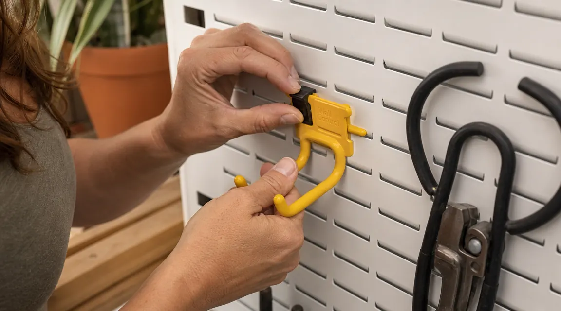 Close-up of a Wall Control locking hook engaged on a steel pegboard slot, showing the locking tab mechanism