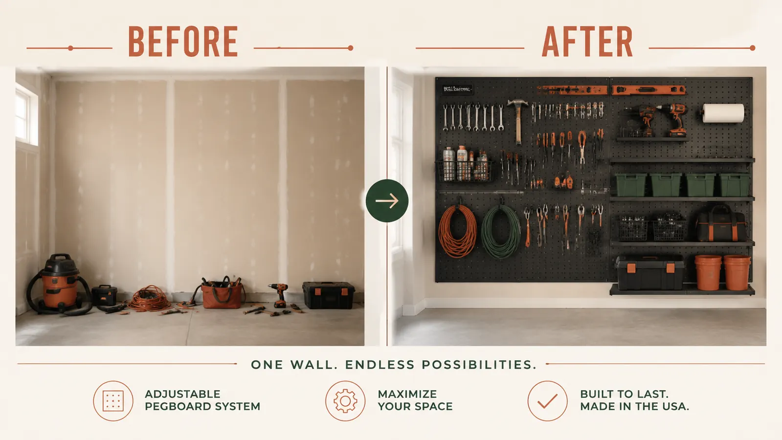 Garage wall before-and-after split showing bare drywall versus organized tool wall with pegboard