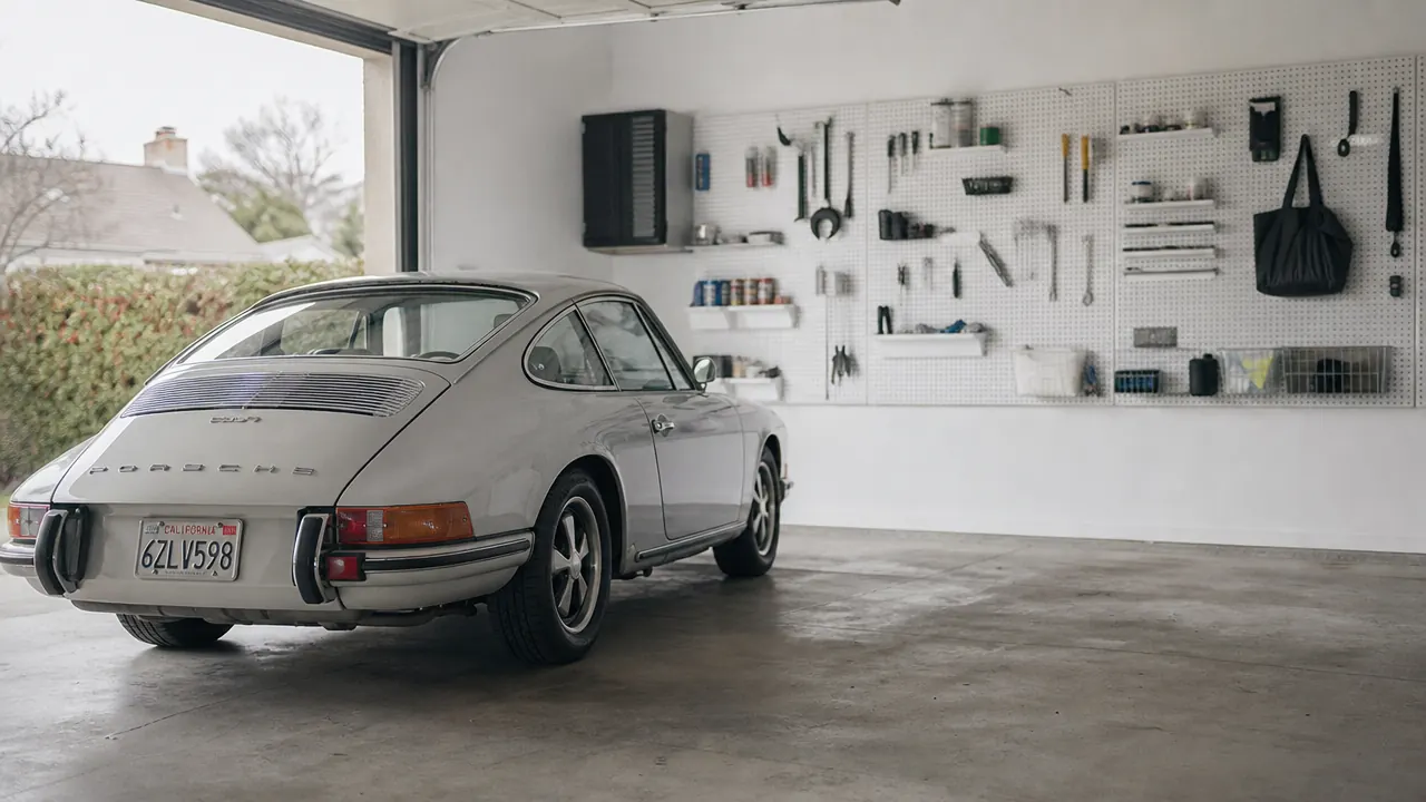 Clear garage floor with a car parked inside, pegboard visible on far wall