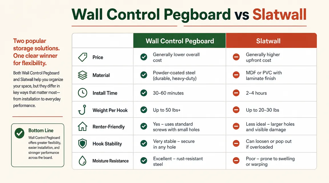 Side-by-side comparison chart of Wall Control pegboard versus slatwall on nine key specs